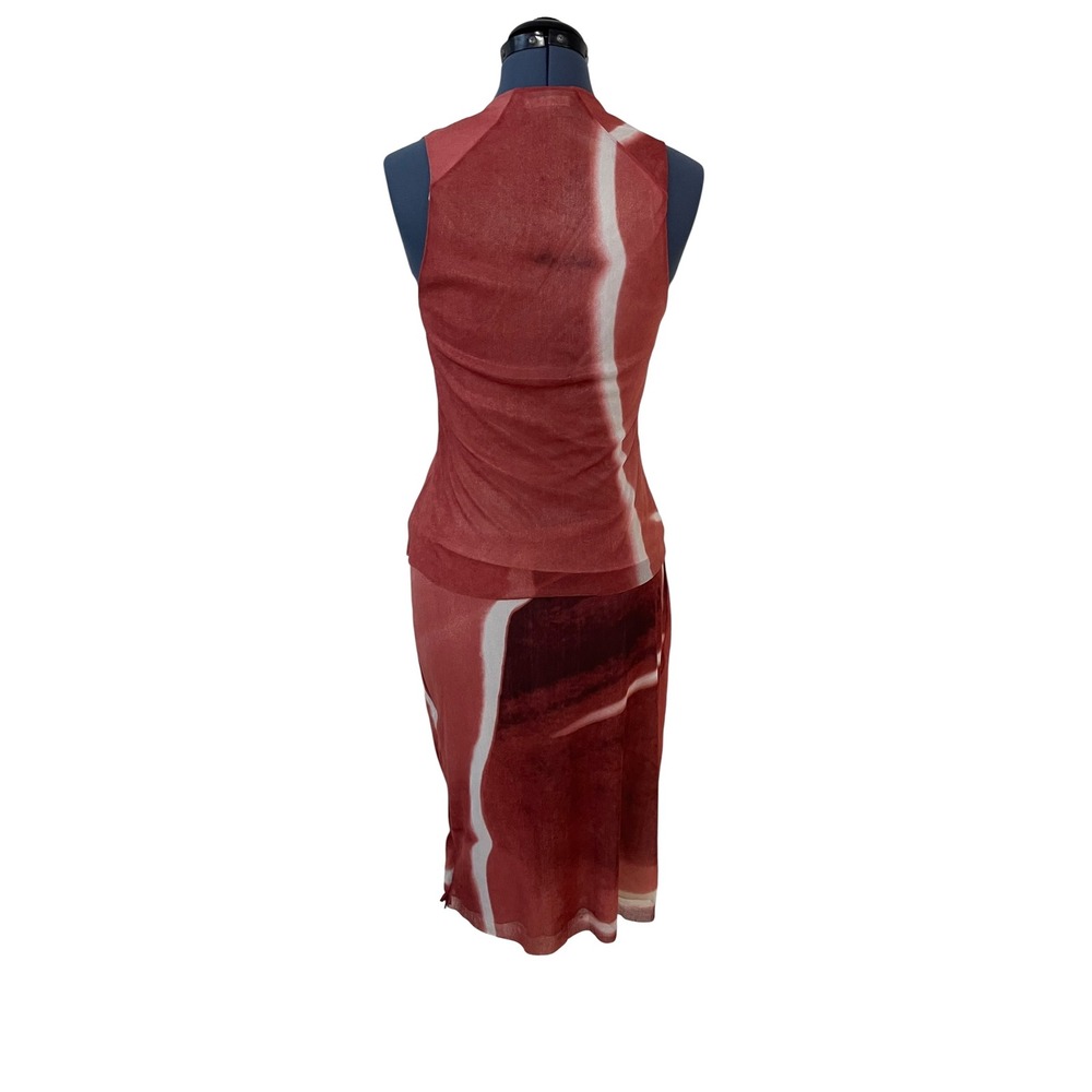 Vtg Vivienne Tam Mesh 2 Piece Set Abstract Print Bodycon Top Midi Skirt Y2K S - Picture 3 of 16